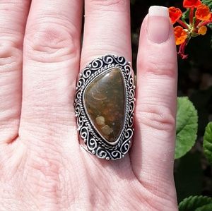 New Unique Rhyolite 925 Silver Statement Ring.